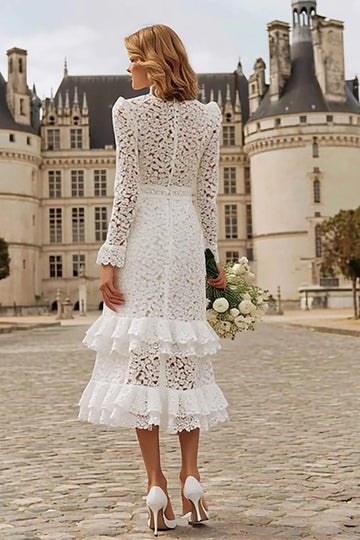 Sheath Lace Ivory Ruffled Wedding Dress With Long Sleeves